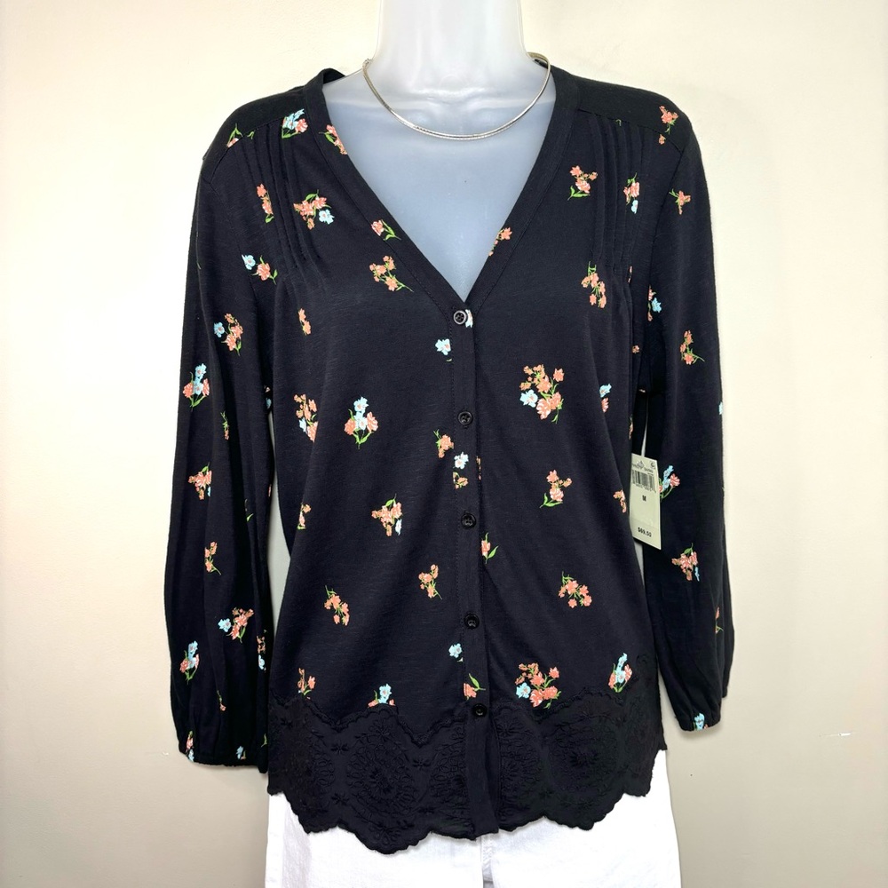 Lucky Brand Boho Black Cardigan Floral Embroidery Scalloped Hem 100% Cotton Sz M